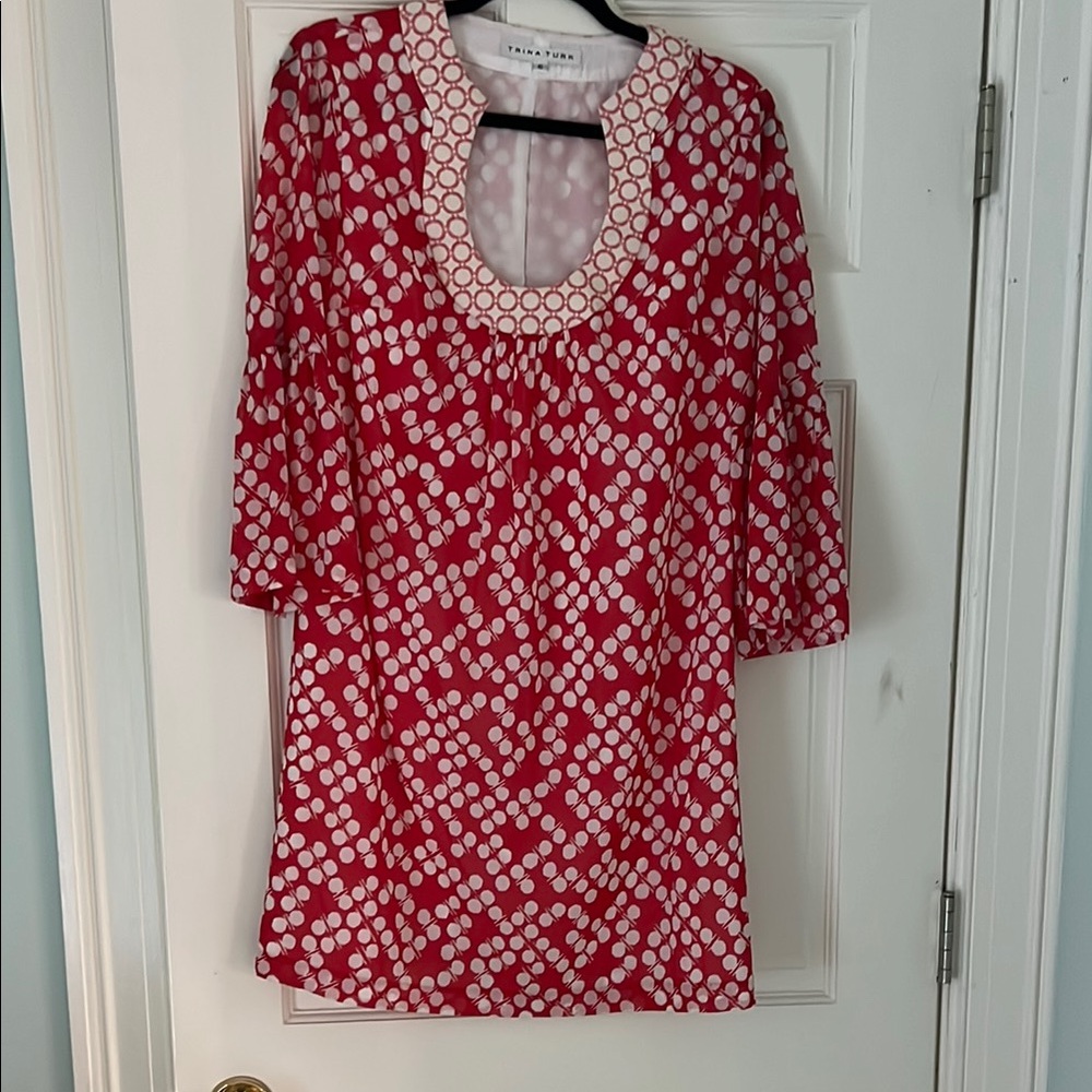 Trina Turk Red and White Ruffled 3/4 Sleeve Tunic